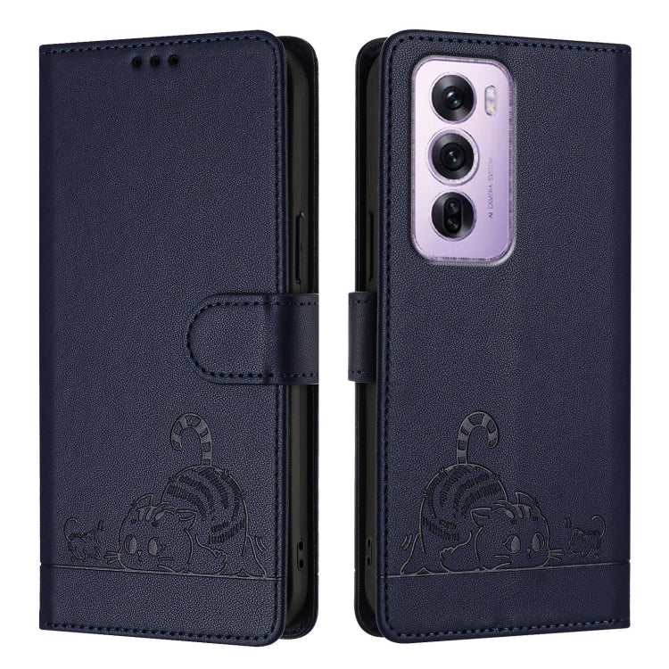 For OPPO Reno12 Pro Global Cat Rat Embossed Pattern RFID Leather Phone Case with Lanyard