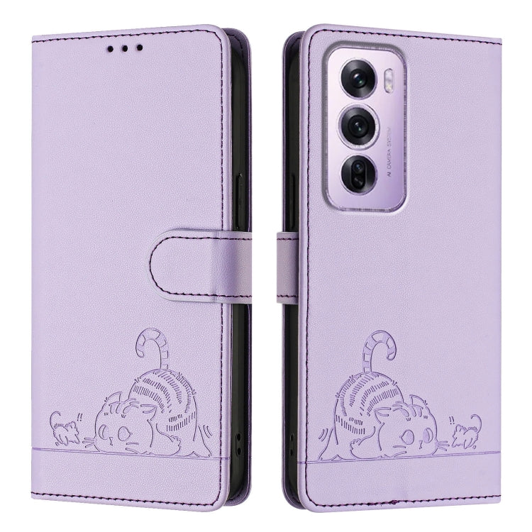 For OPPO Reno12 Pro Global Cat Rat Embossed Pattern RFID Leather Phone Case with Lanyard