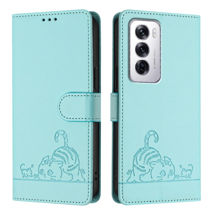 For OPPO Reno12 Global Cat Rat Embossed Pattern RFID Leather Phone Case with Lanyard