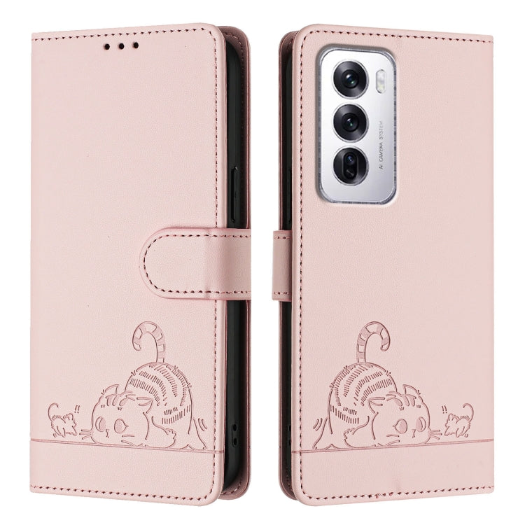 For OPPO Reno12 Global Cat Rat Embossed Pattern RFID Leather Phone Case with Lanyard
