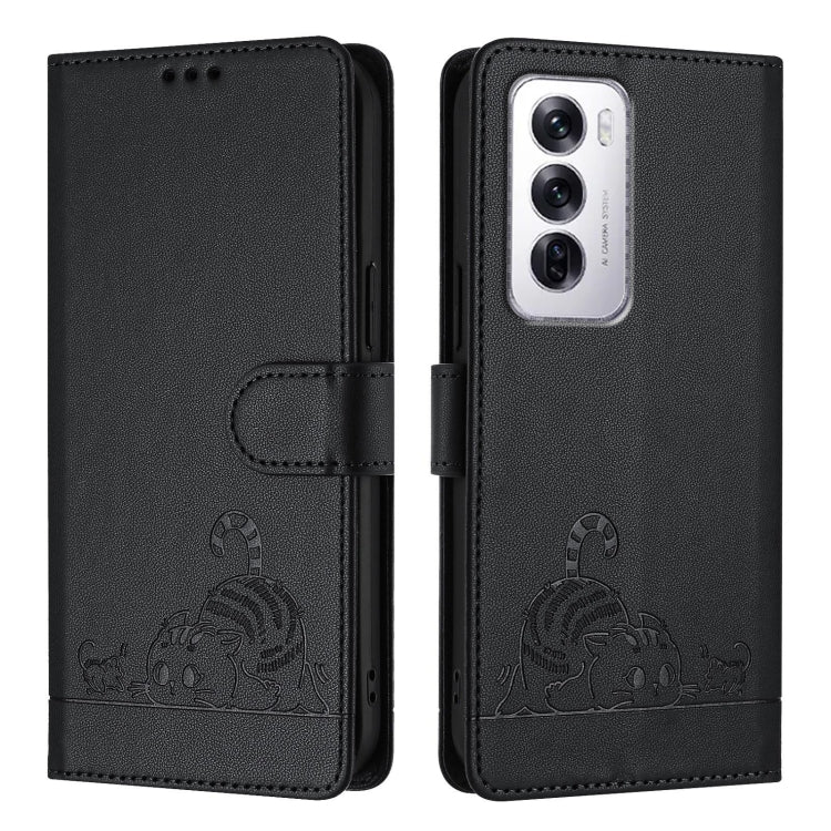 For OPPO Reno12 Global Cat Rat Embossed Pattern RFID Leather Phone Case with Lanyard