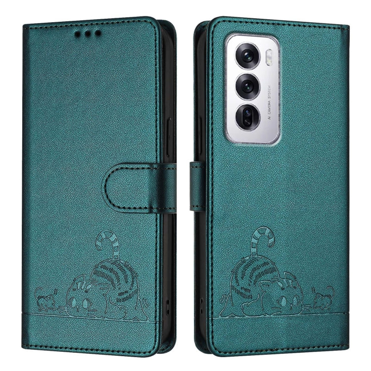 For OPPO Reno12 Global Cat Rat Embossed Pattern RFID Leather Phone Case with Lanyard
