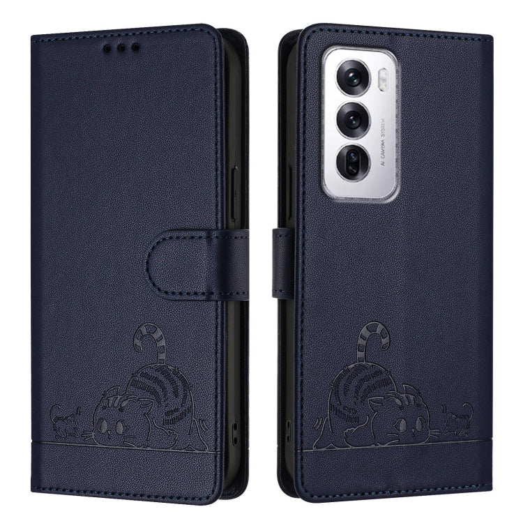 For OPPO Reno12 Global Cat Rat Embossed Pattern RFID Leather Phone Case with Lanyard