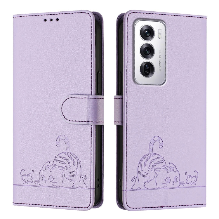 For OPPO Reno12 Global Cat Rat Embossed Pattern RFID Leather Phone Case with Lanyard