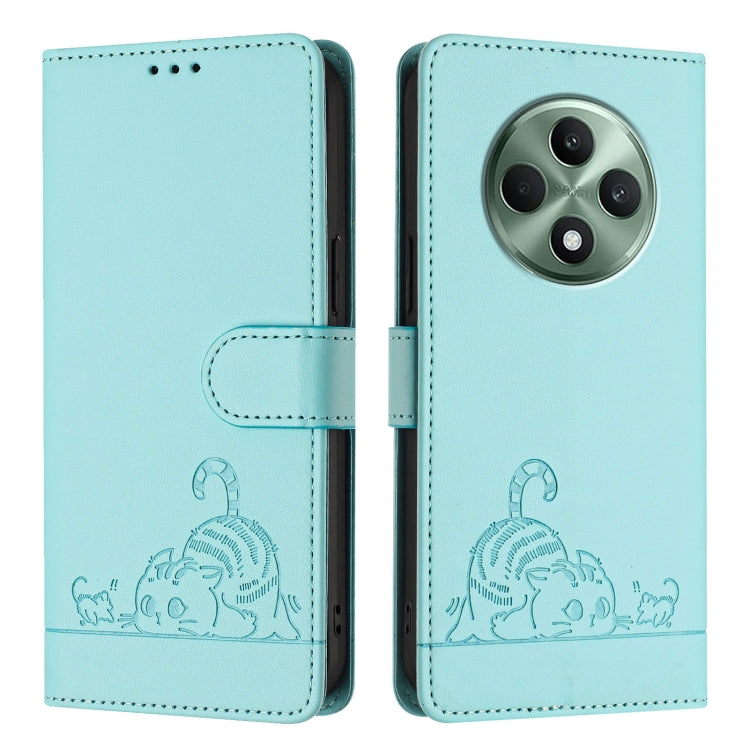 For OPPO Reno12 F Global Cat Rat Embossed Pattern RFID Leather Phone Case with Lanyard