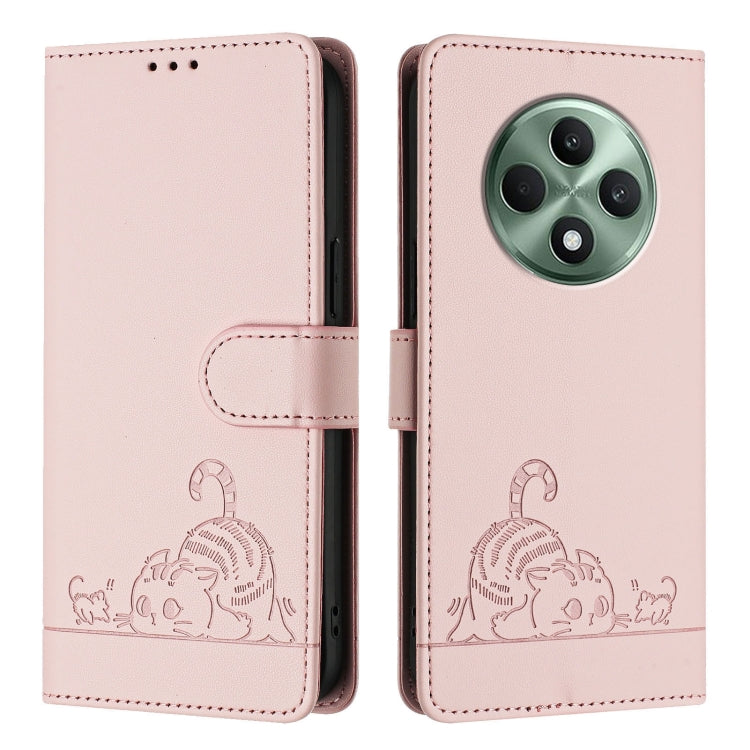 For OPPO Reno12 F Global Cat Rat Embossed Pattern RFID Leather Phone Case with Lanyard
