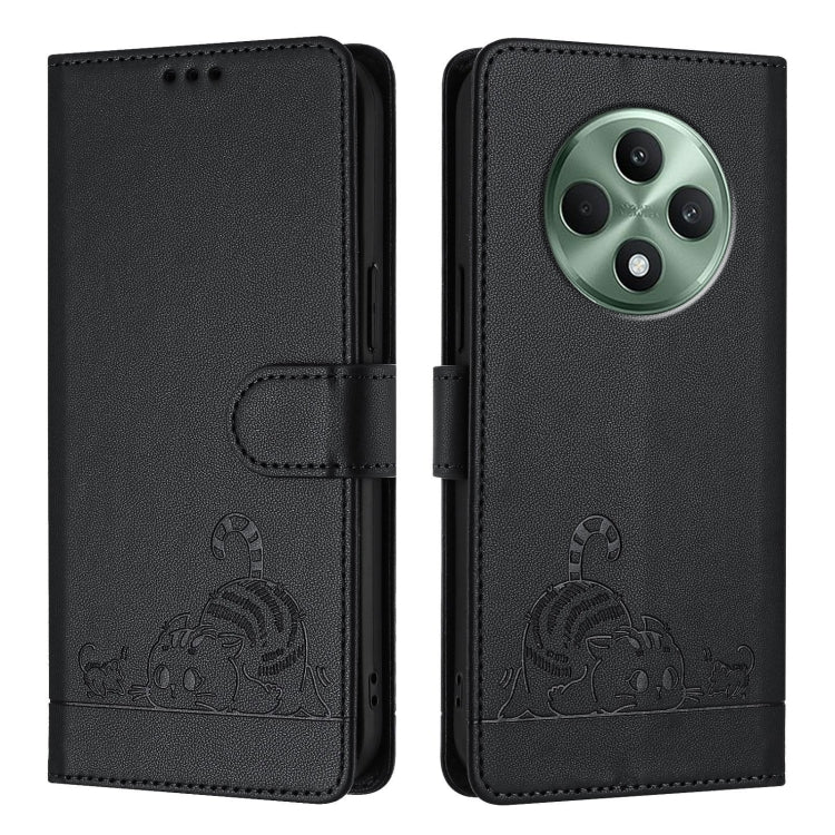 For OPPO Reno12 F Global Cat Rat Embossed Pattern RFID Leather Phone Case with Lanyard
