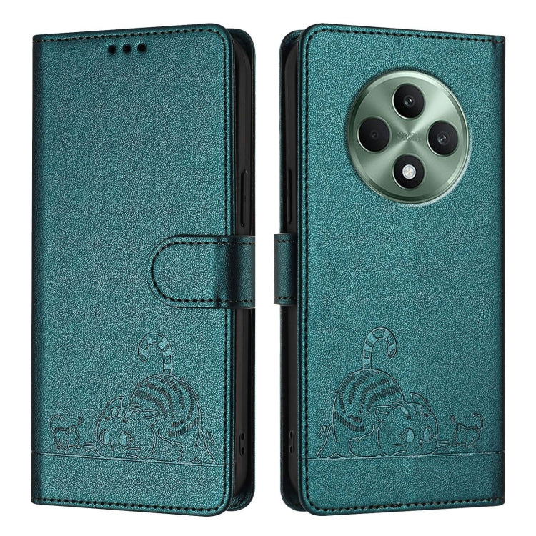 For OPPO Reno12 F Global Cat Rat Embossed Pattern RFID Leather Phone Case with Lanyard