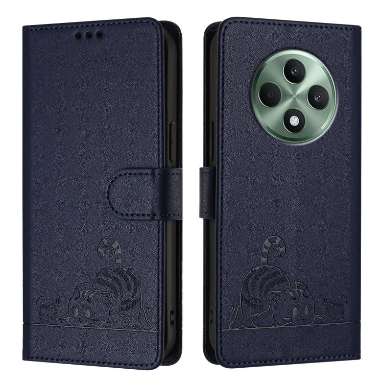 For OPPO Reno12 F Global Cat Rat Embossed Pattern RFID Leather Phone Case with Lanyard