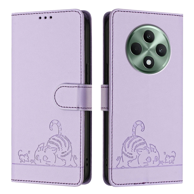For OPPO Reno12 F Global Cat Rat Embossed Pattern RFID Leather Phone Case with Lanyard
