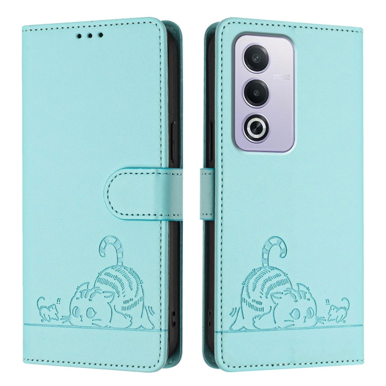 For OPPO A3 Pro 5G Global Cat Rat Embossed Pattern RFID Leather Phone Case with Lanyard