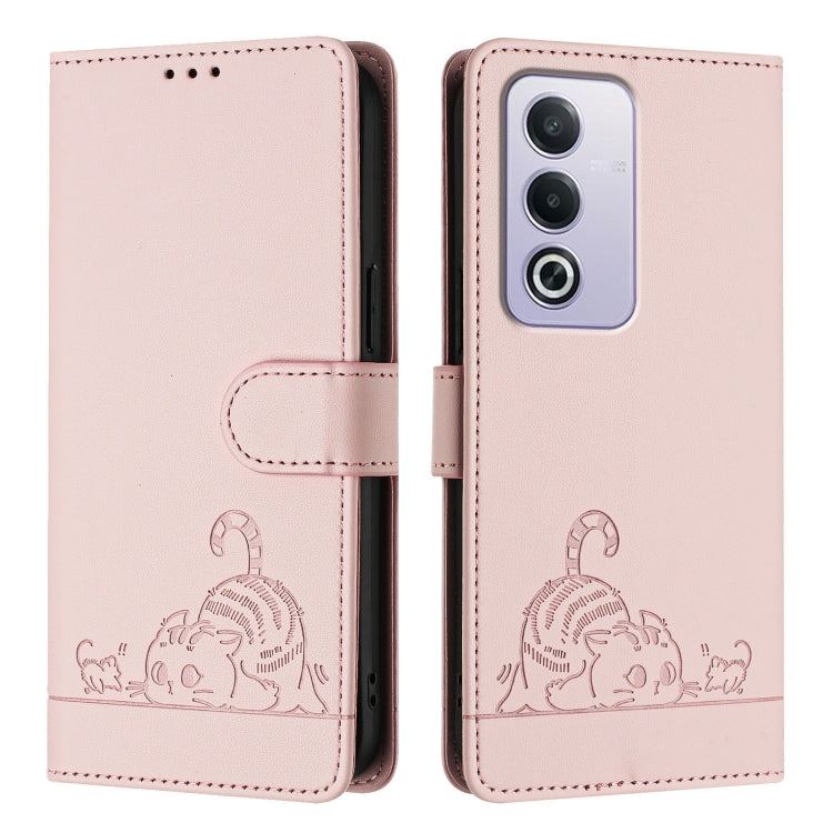 For OPPO A3 Pro 5G Global Cat Rat Embossed Pattern RFID Leather Phone Case with Lanyard