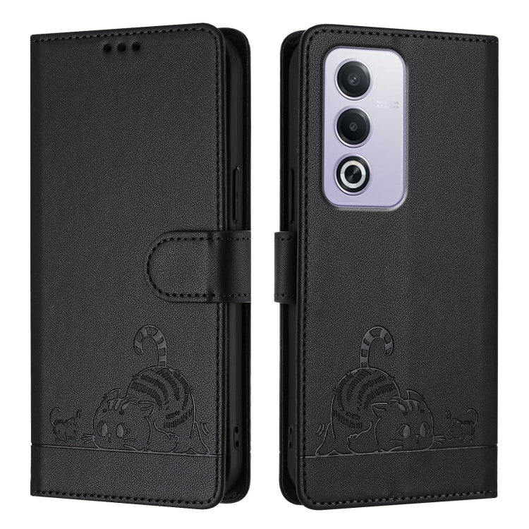 For OPPO A3 Pro 5G Global Cat Rat Embossed Pattern RFID Leather Phone Case with Lanyard
