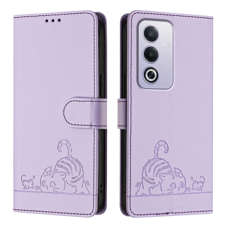 For OPPO A3 Pro 5G Global Cat Rat Embossed Pattern RFID Leather Phone Case with Lanyard