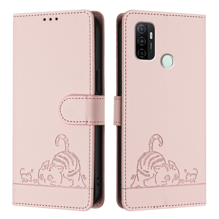 For OPPO A53s 4G / A33 2020 4G Cat Rat Embossed Pattern RFID Leather Phone Case with Lanyard