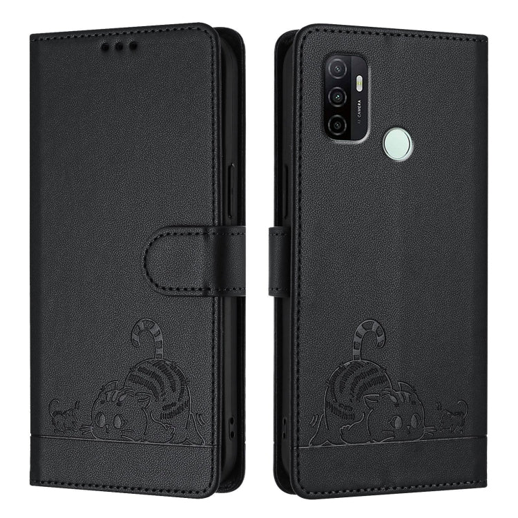 For OPPO A11s 4G Cat Rat Embossed Pattern RFID Leather Phone Case with Lanyard