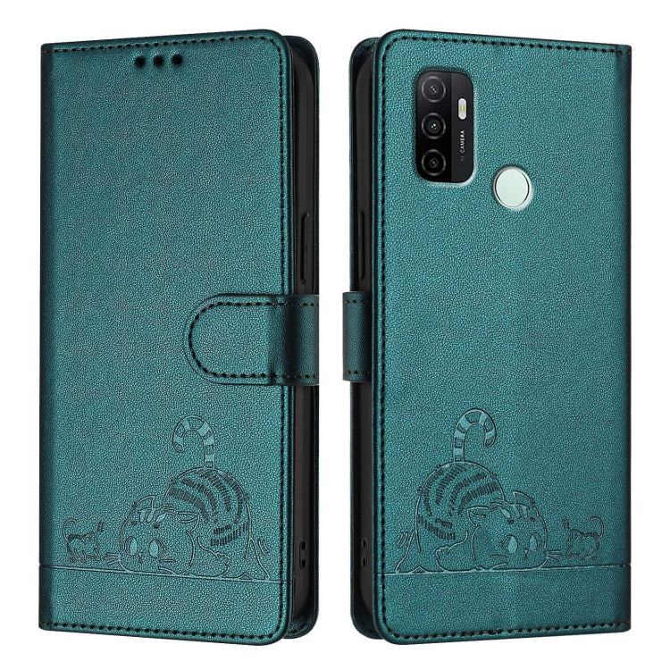 For OPPO A11s 4G Cat Rat Embossed Pattern RFID Leather Phone Case with Lanyard