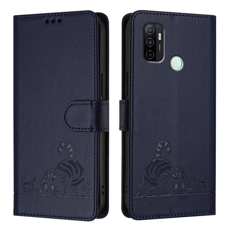 For OPPO A11s 4G Cat Rat Embossed Pattern RFID Leather Phone Case with Lanyard