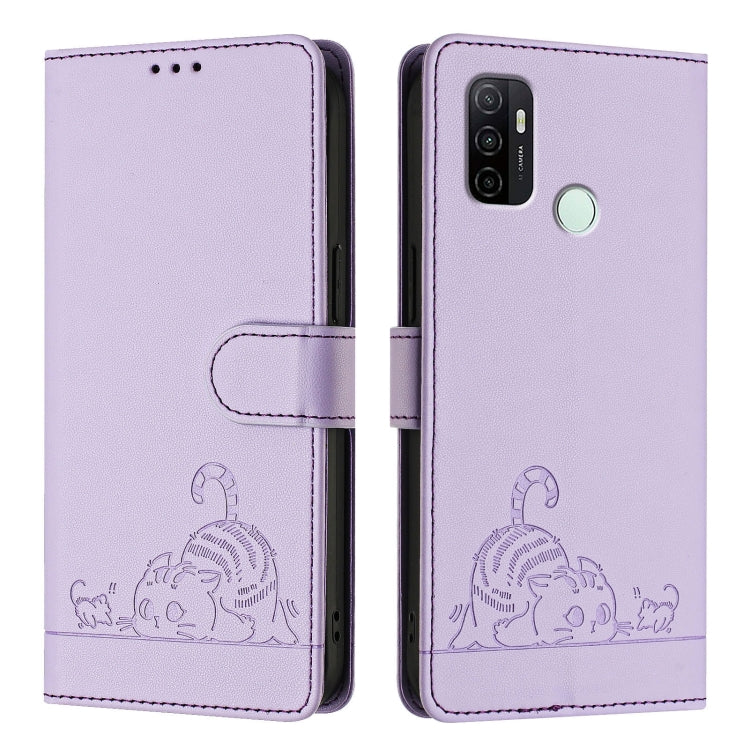 For OPPO A11s 4G Cat Rat Embossed Pattern RFID Leather Phone Case with Lanyard