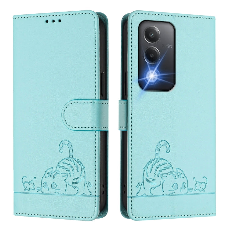 For OPPO A80 5G EU Cat Rat Embossed Pattern RFID Leather Phone Case with Lanyard