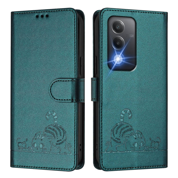 For OPPO A80 5G EU Cat Rat Embossed Pattern RFID Leather Phone Case with Lanyard