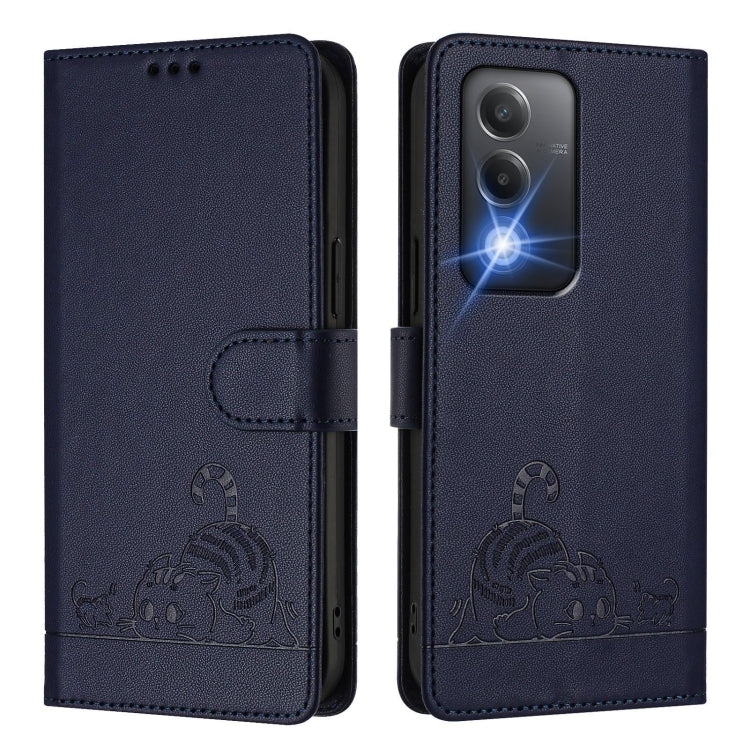 For OPPO A80 5G EU Cat Rat Embossed Pattern RFID Leather Phone Case with Lanyard