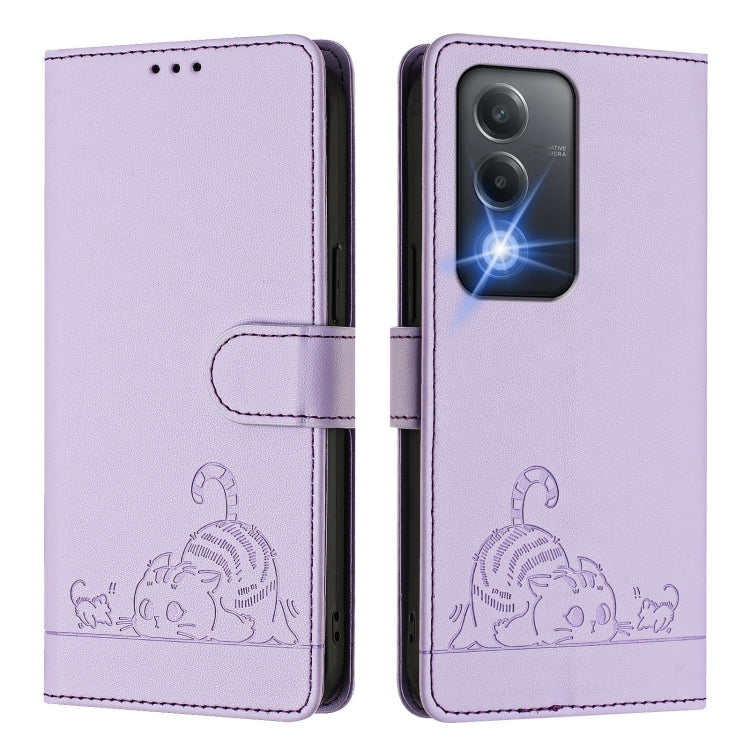 For OPPO A80 5G EU Cat Rat Embossed Pattern RFID Leather Phone Case with Lanyard