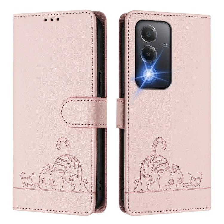 For OPPO A3 Pro 5G India Cat Rat Embossed Pattern RFID Leather Phone Case with Lanyard