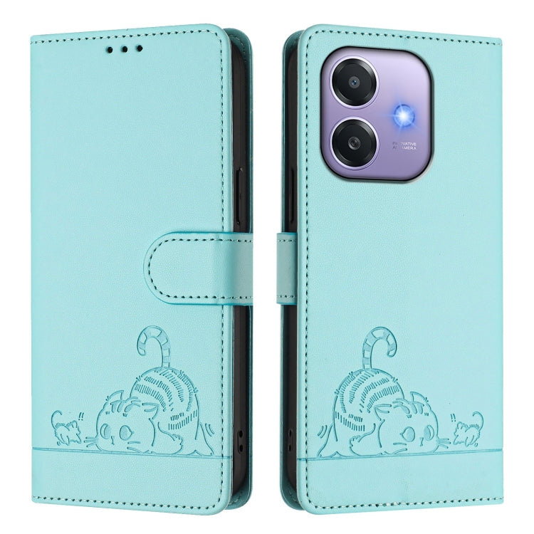 For OPPO A3x 5G Global Cat Rat Embossed Pattern RFID Leather Phone Case with Lanyard