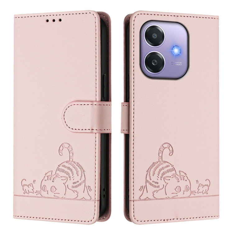 For OPPO A3x 5G Global Cat Rat Embossed Pattern RFID Leather Phone Case with Lanyard