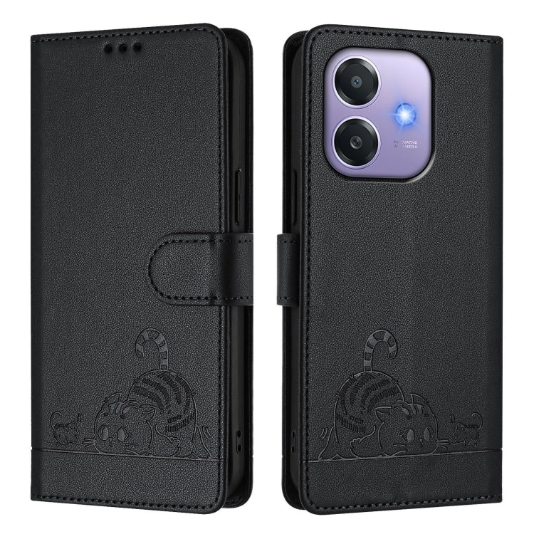 For OPPO A3x 5G Global Cat Rat Embossed Pattern RFID Leather Phone Case with Lanyard