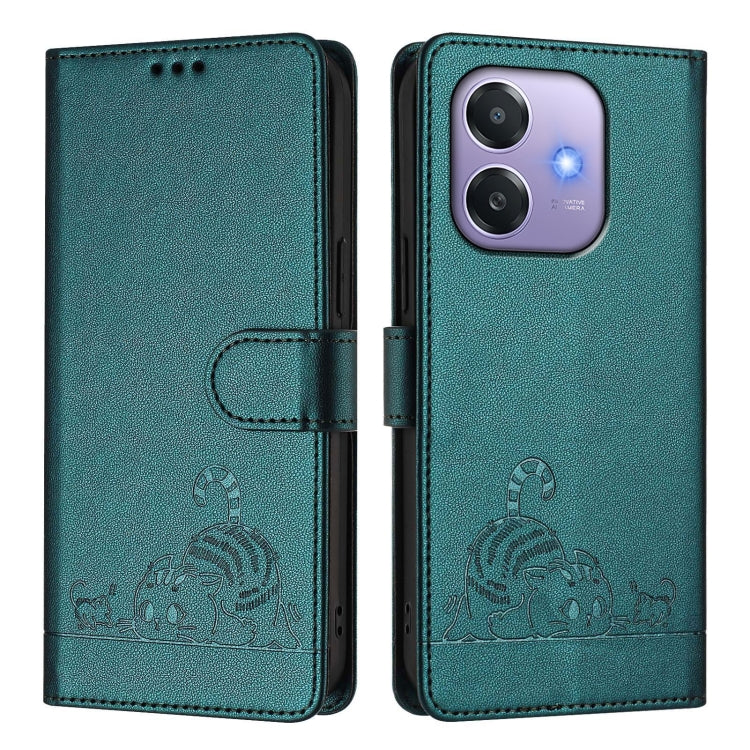 For OPPO A3x 5G Global Cat Rat Embossed Pattern RFID Leather Phone Case with Lanyard