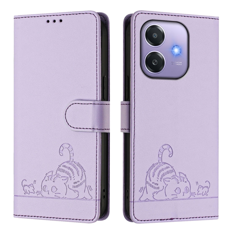 For OPPO A3x 5G Global Cat Rat Embossed Pattern RFID Leather Phone Case with Lanyard