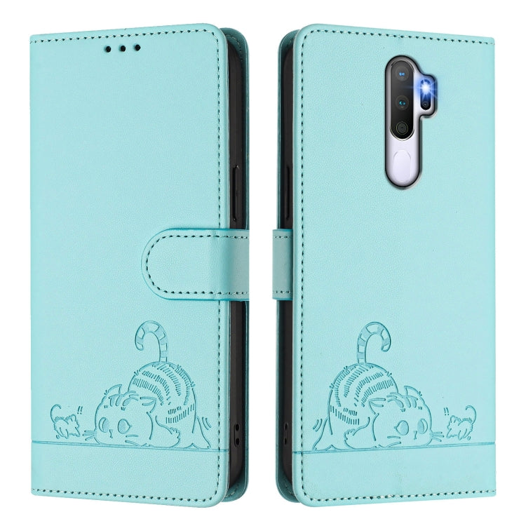 For OPPO A9 2020 4G Cat Rat Embossed Pattern RFID Leather Phone Case with Lanyard