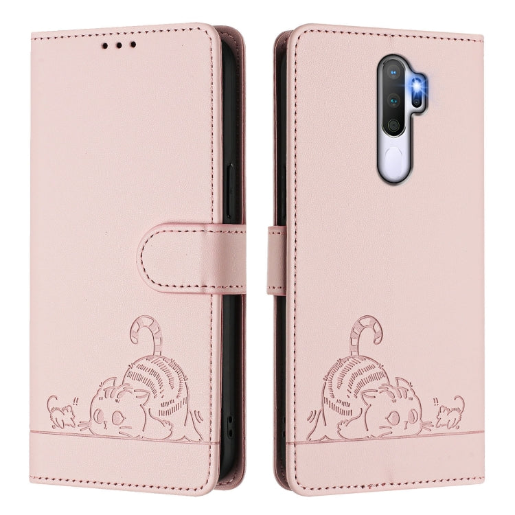 For OPPO A9 2020 4G Cat Rat Embossed Pattern RFID Leather Phone Case with Lanyard
