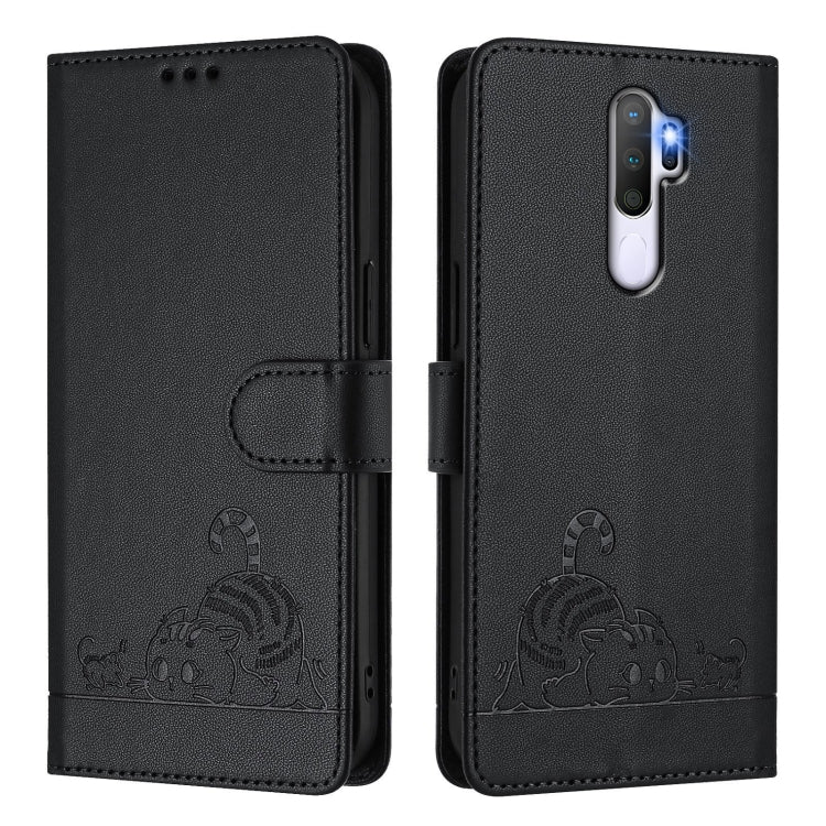 For OPPO A9 2020 4G Cat Rat Embossed Pattern RFID Leather Phone Case with Lanyard