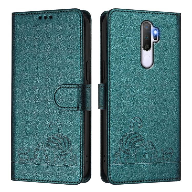 For OPPO A9 2020 4G Cat Rat Embossed Pattern RFID Leather Phone Case with Lanyard