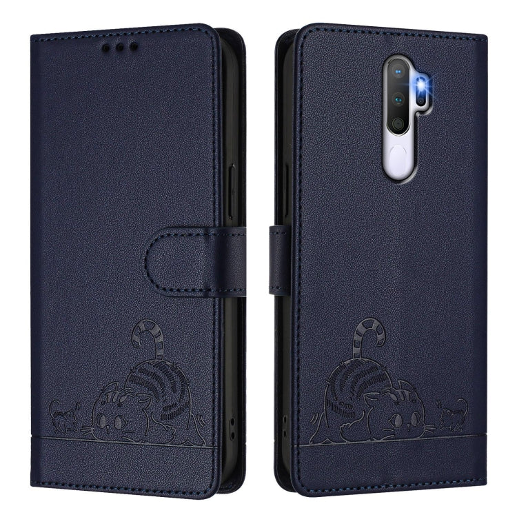 For OPPO A9 2020 4G Cat Rat Embossed Pattern RFID Leather Phone Case with Lanyard