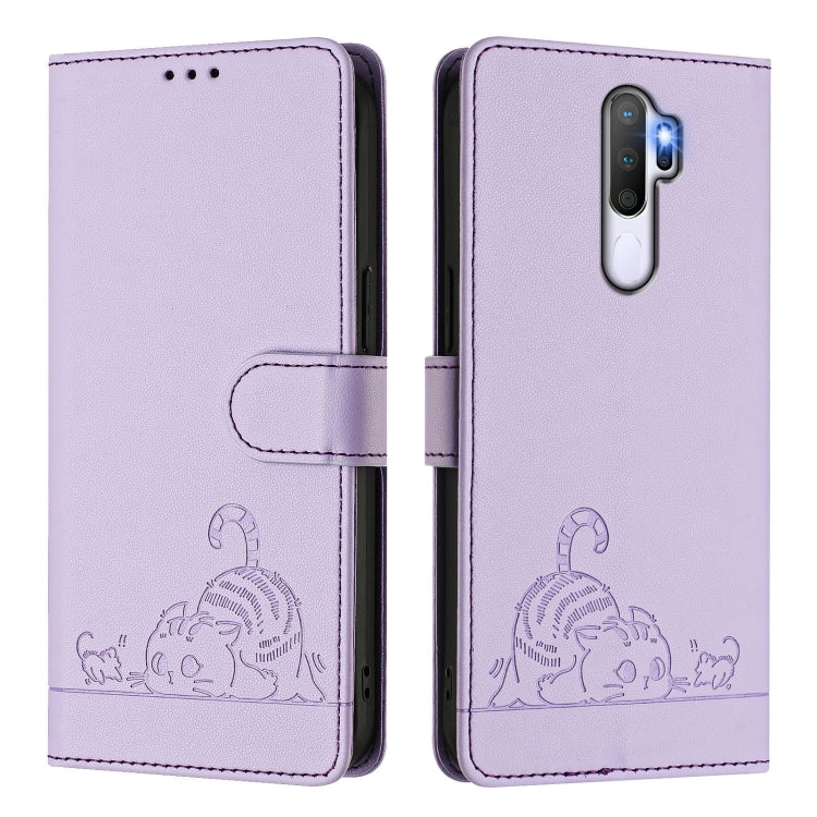 For OPPO A9 2020 4G Cat Rat Embossed Pattern RFID Leather Phone Case with Lanyard