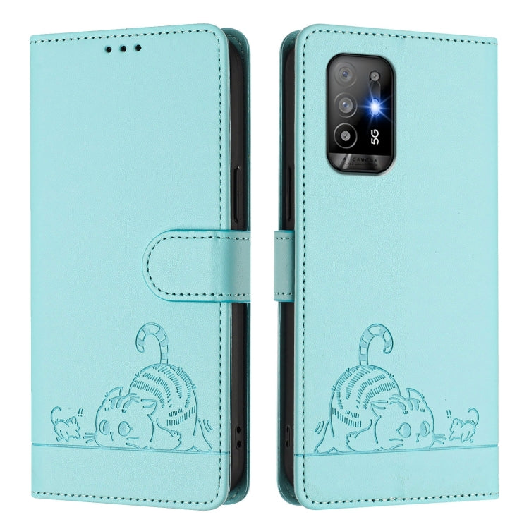 For OPPO A94 5G Global Cat Rat Embossed Pattern RFID Leather Phone Case with Lanyard