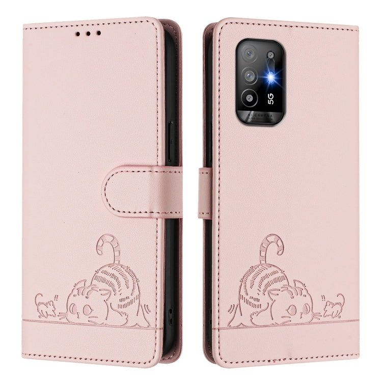 For OPPO A94 5G Global Cat Rat Embossed Pattern RFID Leather Phone Case with Lanyard