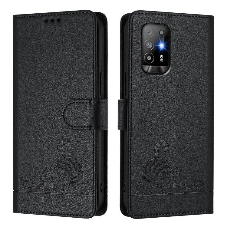 For OPPO A94 5G Global Cat Rat Embossed Pattern RFID Leather Phone Case with Lanyard
