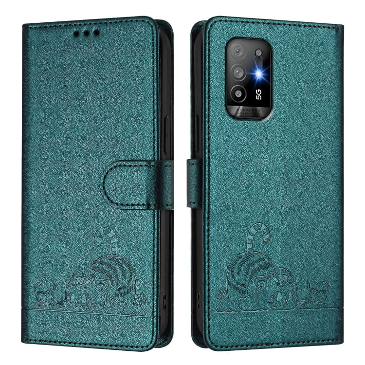 For OPPO A94 5G Global Cat Rat Embossed Pattern RFID Leather Phone Case with Lanyard