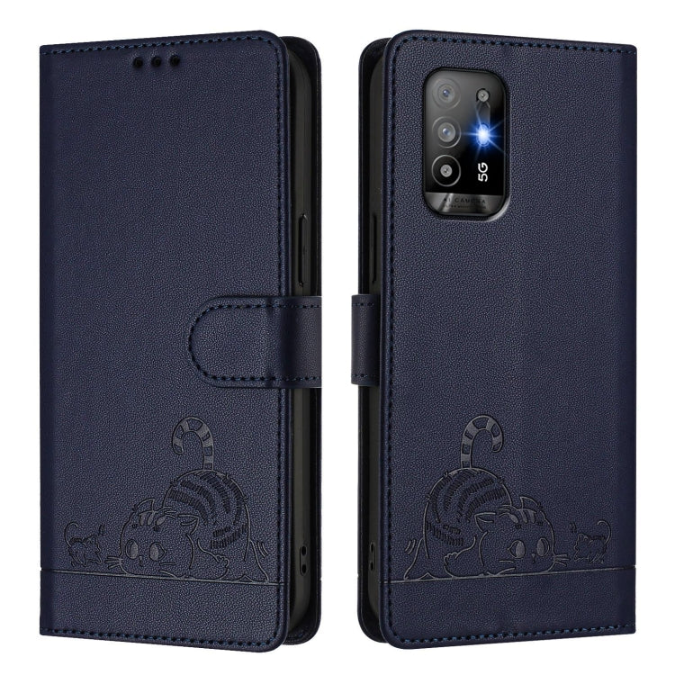 For OPPO A94 5G Global Cat Rat Embossed Pattern RFID Leather Phone Case with Lanyard