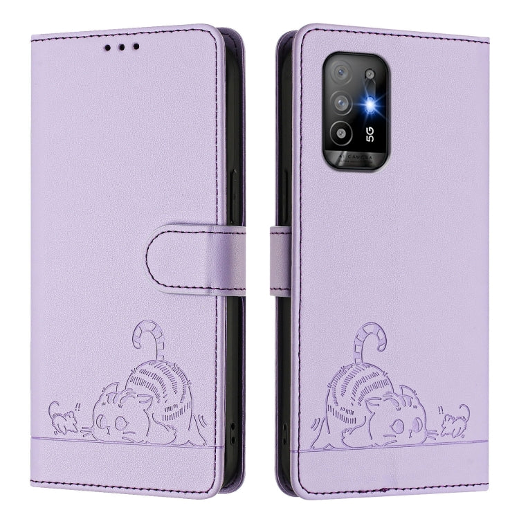 For OPPO A94 5G Global Cat Rat Embossed Pattern RFID Leather Phone Case with Lanyard