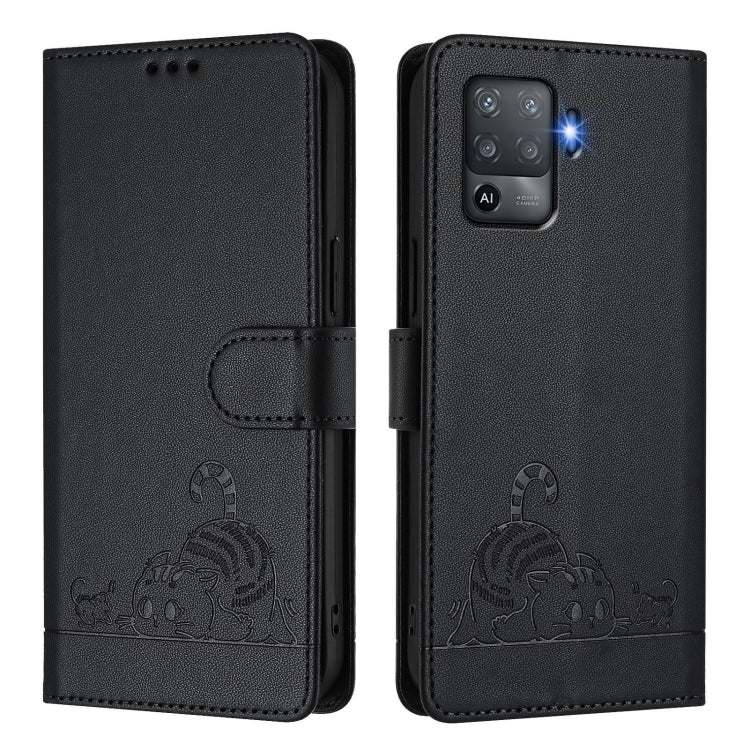 For OPPO F19 Pro / Reno5 F Cat Rat Embossed Pattern RFID Leather Phone Case with Lanyard