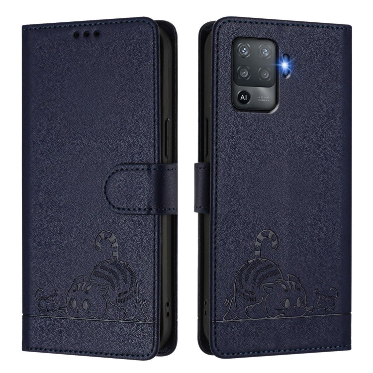 For OPPO F19 Pro / Reno5 F Cat Rat Embossed Pattern RFID Leather Phone Case with Lanyard