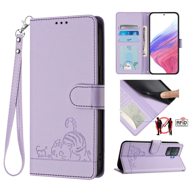For OPPO F19 Pro / Reno5 F Cat Rat Embossed Pattern RFID Leather Phone Case with Lanyard