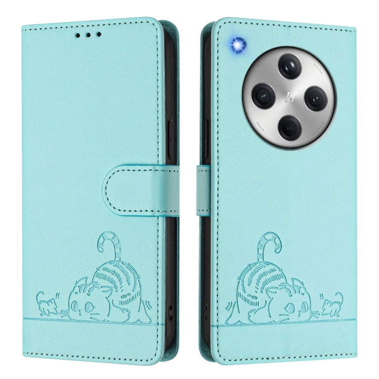 For OPPO Find X8 Cat Rat Embossed Pattern RFID Leather Phone Case with Lanyard