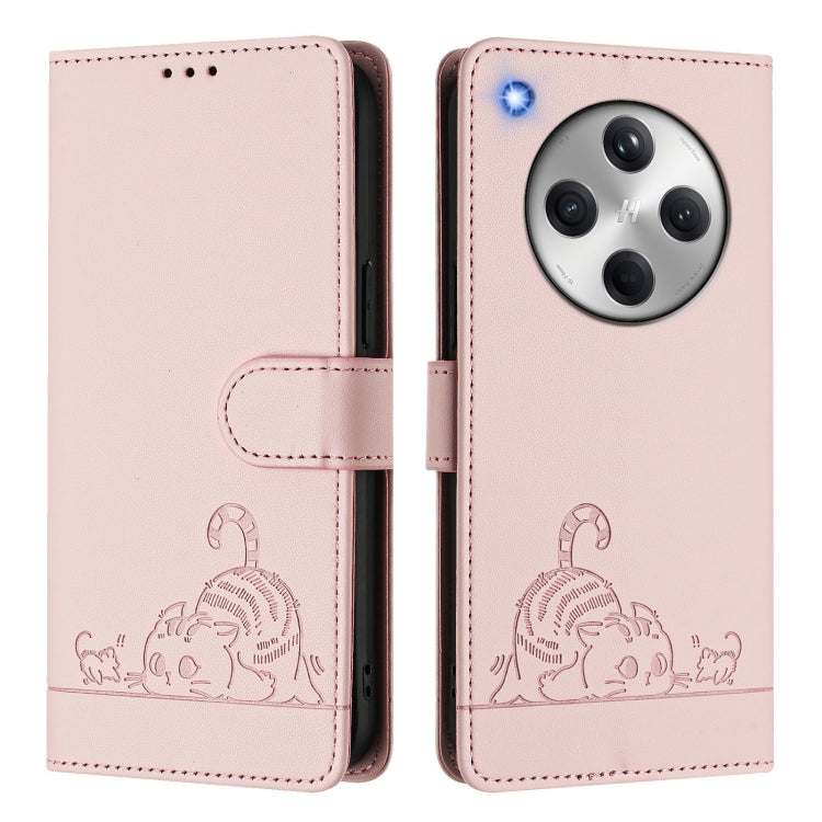 For OPPO Find X8 Cat Rat Embossed Pattern RFID Leather Phone Case with Lanyard